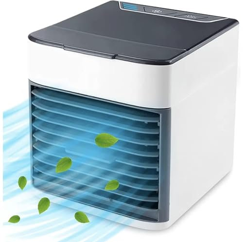 Ventilatore da tavolo silenzioso e portatile, ventilatore da tavolo potente senza rumore con luce LED 4 in 1, umidificatore condizionatore, purificatore, 3 velocità, ideale per casa, ufficio e viaggi