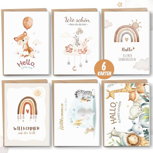 Karte zur Geburt für Mädchen und Jungen 6er-Set - A6 Klappkarten Premium Geburtskarte mit Kraftpapier Umschlage - Glückwunschkarte zur Babyparty Karte Baby Geschenk zur