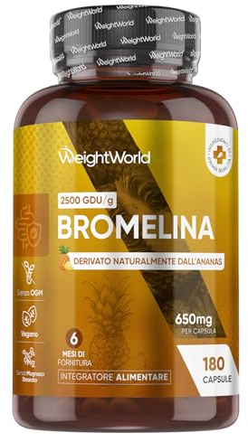 Bromelina Vegana, 180 Capsule (6 Mesi di Scorta), 2500 GDU/g per Capsula, Solo 1 al Giorno, Estratta dall'Ananas, Bromelina Integratore Privo di Magnesio Stearato, Bromelain Senza Glutine né Lattosio