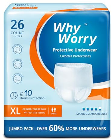 WhyWorry Inkontinenz Pants für Männer und Frauen, Inkontinenz Slip Damen und Herren, Windelhosen Erwachsene Einweg, Auslaufschutz über Nacht, Geruchsschutz, Unisex, Größe XL, 26 Stück