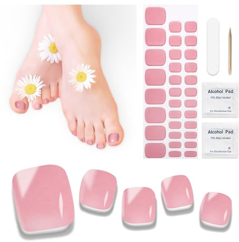Ongles en Gel UV Semi Durci - 32 pcs D'orteil Vernis À Ongles Autocollants Auto-adhésifs Autocollant Pour Ongles en Gel Full Cover Décorations Manucure Pour Ongle D'orteil Longue(Rose)