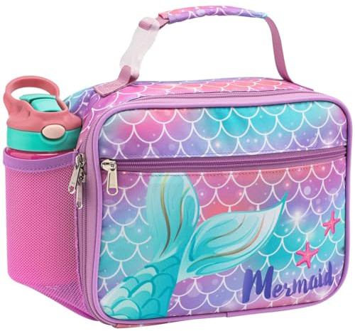 Bagseri Lunch Bag for Girls - Insulated School Lunch Box with Bottle Holder, Portable Reusable Thermal Cooler Tote for Nursery, 6L Capacity, Purple Mermaid Tail (Water Bottle Not Included)
