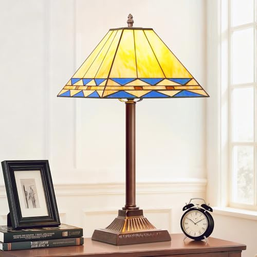 Square Stained Glass Table Lamp, Vintage Style Desk Lamp with Rocker Switch
