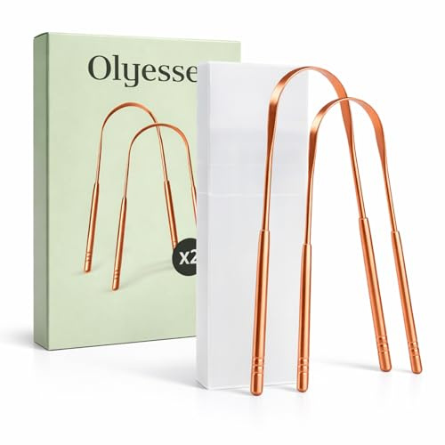 Olyesse Raspador de Lengua de Cobre Pack 2 con Estuche – Limpiador Lingual Ayurvédico Reutilizable para Adultos – Higiene Bucal Natural, Ayuda contra el Mal Aliento