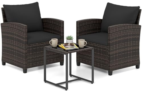 COSTWAY Set Mobili da Giardino 3 Pezzi, Salotto da Esterno in Rattan PE con 2 Poltrone e 1 Tavolino in Vetro Temperato, Set da Conversazione con Cuscini Sfoderabili per Patio (Nero, Modello 5)