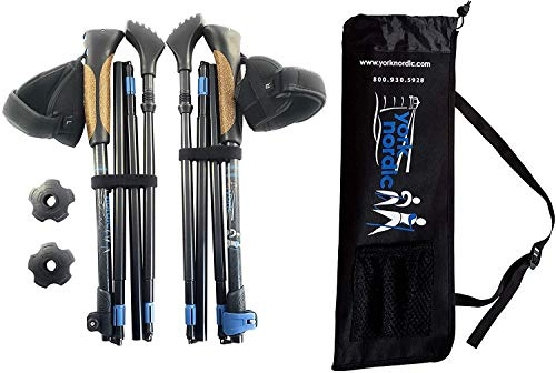 York Nordic Ultralight Folding Walking Poles - Travel Ready - with Rubber Feet, Baskets, and Bag (Nordic Grips - 5'3 to 5'7)