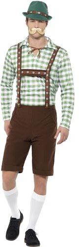 Smiffys alpin bayersk kostym, grön & brun med skjorta och Lederhosen, Oktoberfest maskeradklänning, utklädnad för vuxna