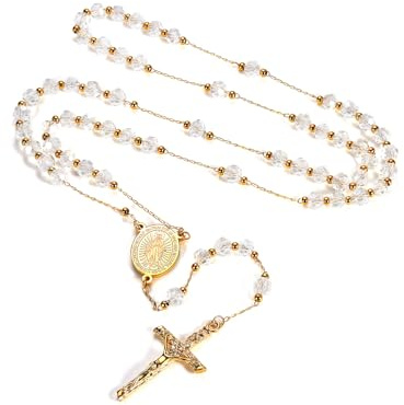 FaithHeart Collar Mujer Rosario Acero Inoxidable 316L Cuentas Blancas Medalla Virgen María Cruz Santo Rosario Collar Religioso Amuleto