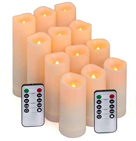 Aignis 12-Pack Waterproof Flameless Candles, 2.2 Slim Plastic Battery Operated LED Pillar Candles with 2 Remotes & Timers, Melt-Proof Fake Electric Candles for Outdoor Patio, Wedding, Home Decor