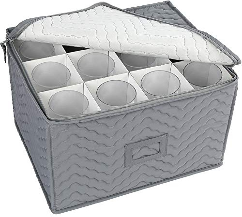 LotFancy Stemware Storage Container - Deluxe Quilted Storage Case with Dividers for 12 - Wine Glasses, Champagne Flutes, Glassware, Drinkware Storage Box Chest, 15.5x12.5x 10, Gray