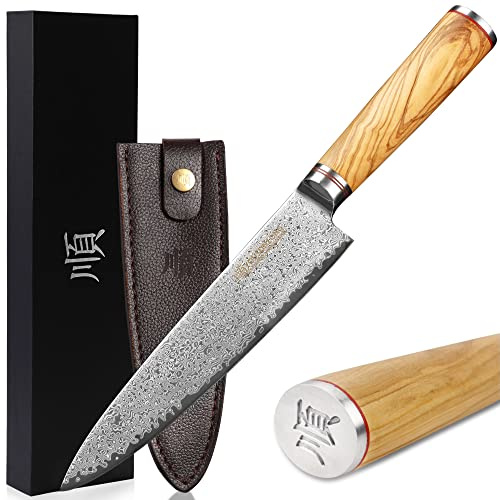 YOUSUNLONG Kockkniv 20,32 cm vass kökskniv – japansk hamrad damaskstål – italienskt olivträ med läderskida