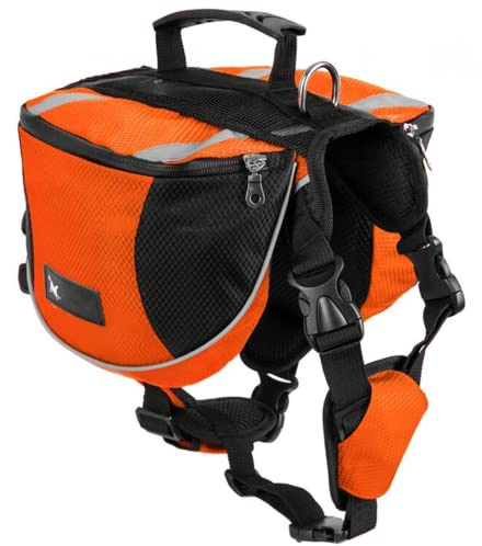 Borsa da Sella per Cani Medio e Grande - Zaino Imbracatura per Viaggio Escursionismo Sport all'aperto, Alforja Regolabile Impermeabile Giubbotto Riflettente con Manico (arancia, M(cane 18kg - 28kg)