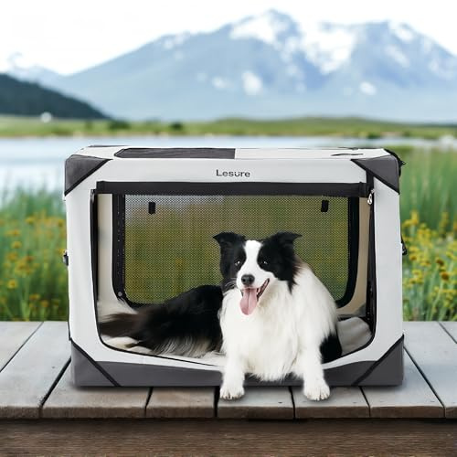 Lesure Collapsible Dog Crate - Portable Travel Kennel for Large Dog, 4-Door Pet Crate with Mesh Windows, Indoor & Outdoor, Light Gray