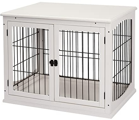 PawHut Casetta per Cani da Interno, Gabbietta per Animali in Legno e Metallo con Doppia Porta, 58.5x81x 66cm, Bianco