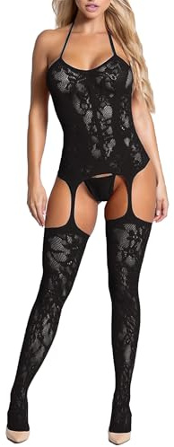 XIUSEMY BodysuitSexy para mujeres Bodystocking de red de pez Traje de una pieza Ropa interior de noche(GB-Black