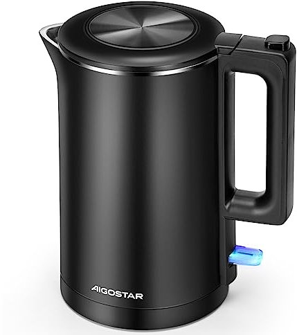 Aigostar - bouilloire inox double paroi, 1.8L Sans BPA, 2200W, Bouilloires électriques, Protection contre la surchauffe, arrêt automatique et protection contre l'ébullition à sec, Noir