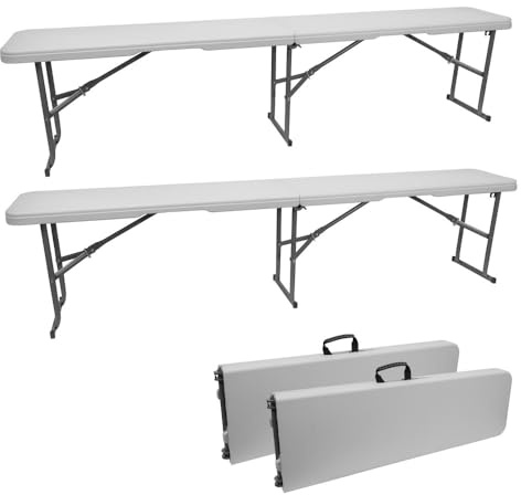 Oxeo 2 Bancs pliants Blancs-Bancs pliants Jardin- Bancs pliants Camping - 182X28X43cm - Poignée de Transport