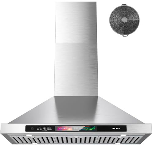 BRANO 30-inch Wall Mount Range Hood 900 CFM with Voice/Gesture/Touch Control, Stainless Steel Kitchen Hood Vent with 4 Speed Exhaust Fan, LED Adjustable Lights, Memory Mode