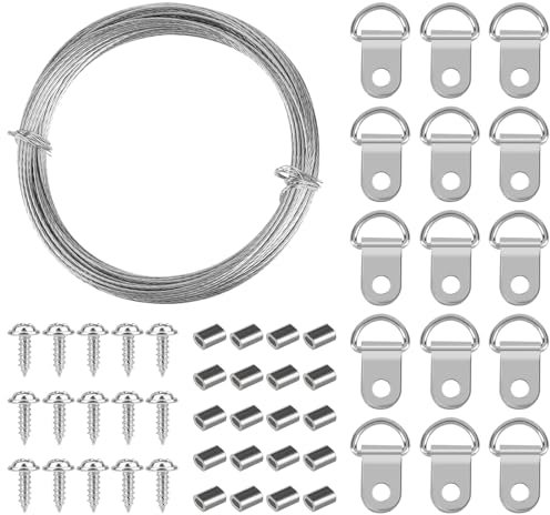 10 m Drahtseil Bilder Aufhängedraht Set Edelstahl Spanndraht 1mm Bilderaufhängung Stahlseil mit D-Ring und Schraube Bilderschnur für Spiegelbild Aufhänge