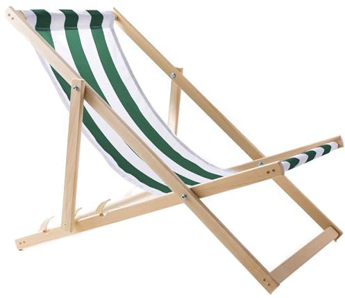 WOODOK Liegestuhl Klappbar Holz - Strandstuhl aus Buchenholz bis 120kg, ohne Armlehne - 3-Stufige Rückenlehnenverstellung (Grün/Weiß)