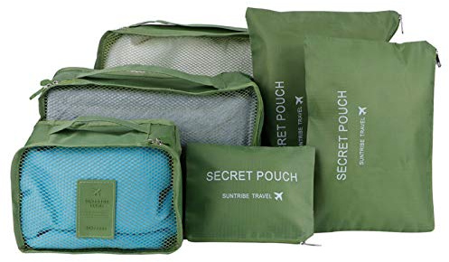 Juego de 6 Uds de Bolsa de Clasificación de Ropa, Organizador de Embalaje de Equipaje con Bolsa de Almacenamiento para Viajar, Tela de Nailon Ligera (GREEN)