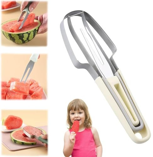 Taglia Anguria 3 in 1 in acciaio inossidabile, Aluusy taglia-forchetta per anguria Utensile da taglio per forchetta per anguria estiva, Taglia-frutta per anguria per utensili da cucina (GIALLO)