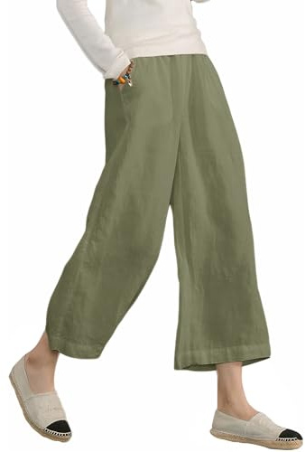 ECUPPER Womens Plus Size Capri Trousers Cotton Loose Casual Cropped Pants | Cropped 3/4 Length; Loose Fit; Side Pockets; Pull-On Waist; Linen-Look Culotte; Summer Holiday Beach Travel