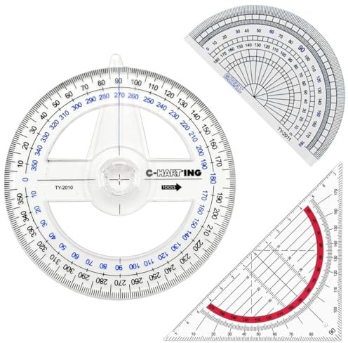 JEYORZY 3 Piezas Transportador de 180°, placa triangular, Transportador de 360°, Transportador Semicircular Plástico, Herramienta de Geometría Matemátican para Material Oficina Escolar, Transparente