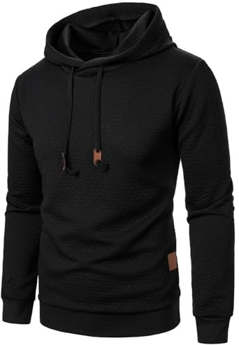 Huvtröja för män utan ficka, sweatshirt herr med huva, tröja smal passform, långärmad tröja, lätt gosig tröja, enfärgad tröja, mjuk tröja, stretch, arbetströja, svart, L