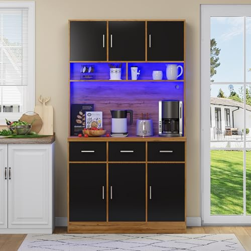 Ymkua Küchenschrank, Buffetschrank mit LED-Beleuchtung, Hochschrank Küchenbuffet mit Verstellbaren Lagerregal, Sideboard Standschrank mit Kabelführungslöchern und Steckdosen, 100x40x180 cm (Schwarz)
