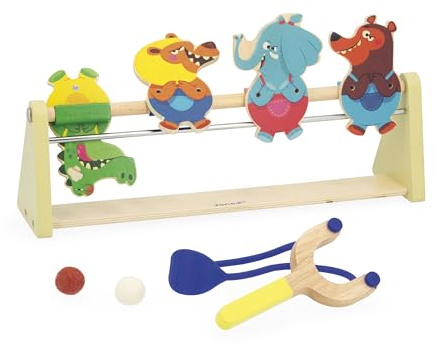 Janod Tiro a Segno in Legno per Bambini, Gioco con Bersaglio, 4 Personaggi, 1 Lanciatore, 2 Palline in Feltro, Sviluppa precisione e concentrazione, Giocattolo in Legno, da 5 Anni, J03372