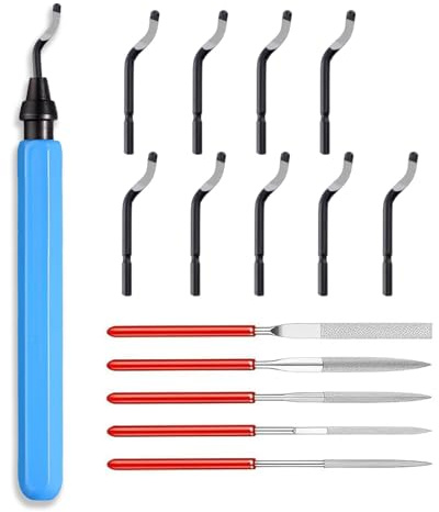 Entgratwerkzeug Hellblau, 360 ° Drehbarer Metall Entgratgriff, Klingen für Entgrater, Entgrater 3d druck, mit 10 Stück Ersatzklingen und 5 Diamant-Feilen, Handentgrater, für Kunststoff, Aluminium