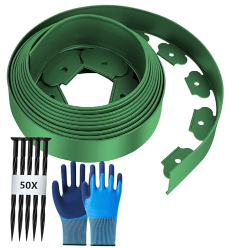 Bordura per Aiuola flessibile, Bordi per Aiuole Giardino, lunghezza 10 m, altezza 5 cm, Bordatura Giardino con 50 Picchetti e 1 paio di Guanti, Verde