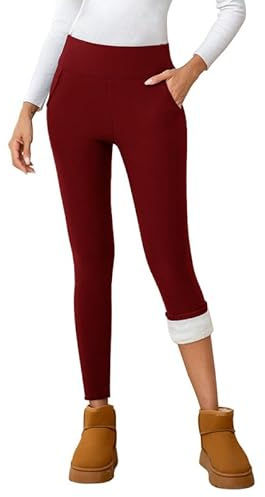 Leggins Termicos Mujer Invierno Mallas Termicas Afelpadas Gruesas Pantalon Forro Polar Leggings Cintura Alta con Bolsillos para Deporte Exterior Casa, Rojo S