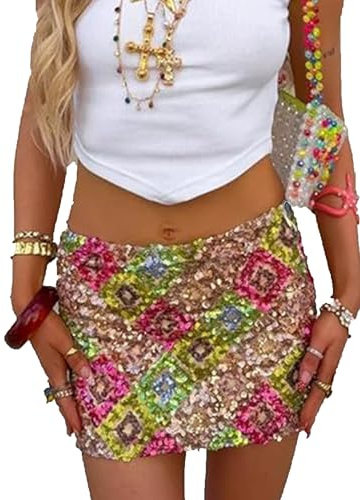 Women Sequin Skirt Stretchy Bodycon Night Out Dance Party Glitter Shiny Sparkly Club Short Mini Pencil Skirts