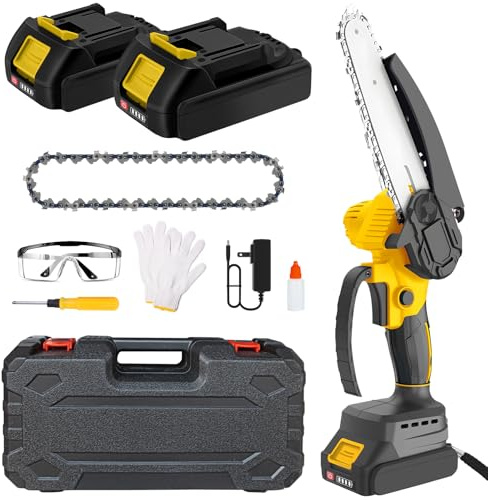 Mini Chainsaw，6-Inch Brushless Motor Cordless Chainsaw with 2 Batteries and 2 Chains, Light Weight Battery-Powered, with Security Lock for Tree Trimming and Wood Cutting(Yellow)