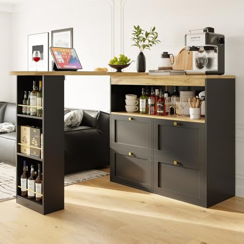 KOMHTOM Table à Manger Pivotante avec Armoire de Rangement, Table de Bar Extensible, Bar Cuisine avec Espace de Rangement, Buffet avec étagères et Vitre (Noir-3)