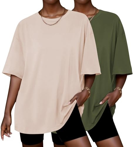 Ekouaer Tee Shirt Femme 2 Pack Ample Surdimensionné T Shirt à Manches Courtes Basique Haut Oversize Tshirt Col Rond | Haut léger à col rond, surdimensionné décontracté à manches courtes, chemise de sommeil confortable, élastique