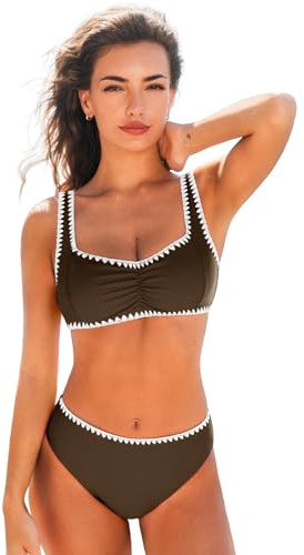 CUPSHE Bikini para mujer, escote corazón, tirantes ajustables, cintura media, marrón, M