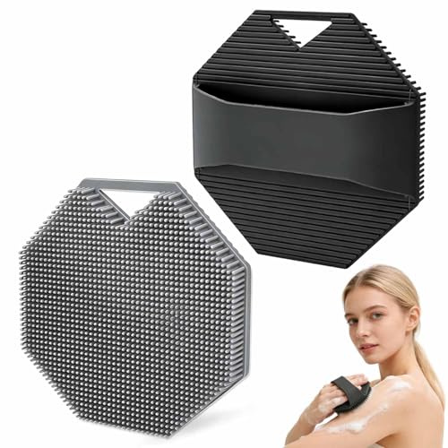 WUGAUWOR Cepillo Ducha de Silicona Negro y Gris, Cepillo Exfoliante Corporal con Agarre Antideslizante y Diseño con Gancho, Esponja Silicona Ducha Suave para Piel Sensible, Viajes, Gimnasio, Doméstico
