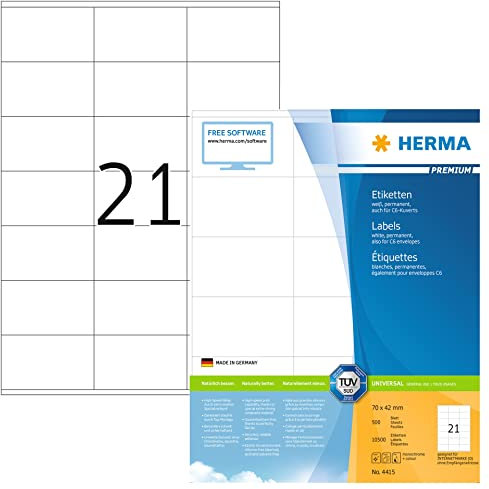 HERMA 4415 Adressetiketten, 500 Blatt, 70 x 36 mm, 21 pro A4 Bogen, 12000 Stück, selbstklebend, bedruckbar, matt, blanko Papier Adressaufkleber Etiketten, weiß