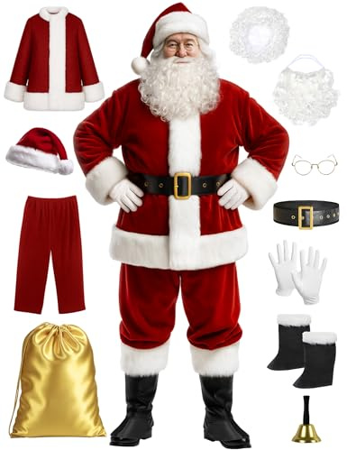 Ahititi Santa Claus Costume for Men Santa Suit Adults 11pcs Mens Deluxe Professional Christmas Clause Outfit Xmas Cosplay XL