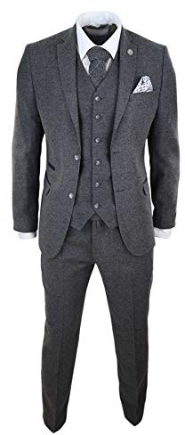 Mens Wool Tweed Suit 3 Piece Authentic 1920s Tailored Fit Classic Grey