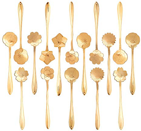Snamonkia Juego de 16 cucharas de postre de acero inoxidable para café, helado y té, cucharas de azúcar de flores de 4,9 pulgadas para café café expreso (dorado)