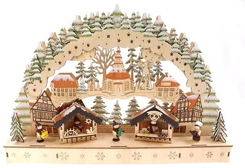 ELLUG 3D Schwibbogen Lichterbogen Holzschnitt, Weihnachtsmarkt & Weihnachtspyramide, Glitzer, 44,5 * 8 * 30cm, batteriebetrieben, Timer Funktion (6h on/18h Off) Weihnachtsschmuck Fensterdeko