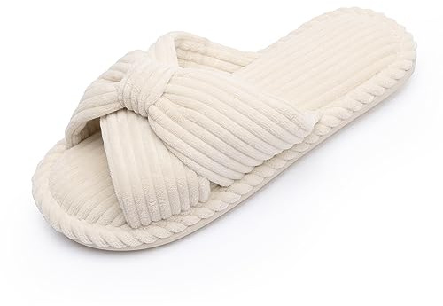 Chantomoo Pantofole da Donna in Memory Foam per la Casa Camera da Letto Bagno spa Matrimonio Viaggio Ospedale Open Toe Velluto a Coste Pantofole Antiscivolo Accoglienti Confortevoli,Beige 35/36 EU
