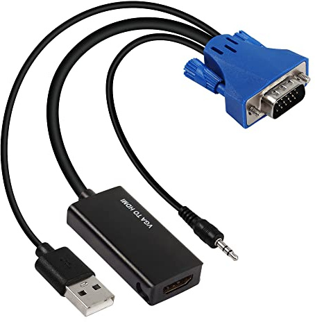 CERRXIAN VGA till HDMI med ljudadapterkabel, VGA-ingång till HDMI-utgång video 1080P-adapter, för PC, bärbara datorer, bildskärmar, projektorer, o.s.v., 7,8 tum