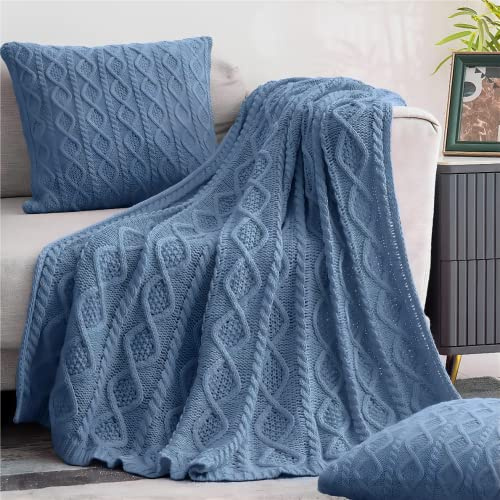 Homiest Dusty Blue Cable Knit Throw Blanket 60x80 Inch, Diamond Texture