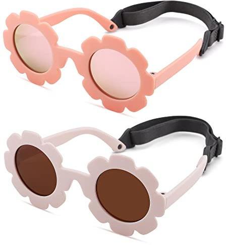 Polarized Baby Sunglasses with Strap – Flexible Flower Shaped Sunglasses for Toddler & Infant Age 0-24 Months (Pink/Pink Mirrored + Beige/Brown) - 2 Pack
