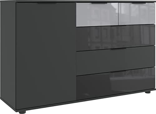 möbelando Kombikommode Monaco in Graphit, Glas SCHWARZ Glas Light Grey mit 5 Schubladen und Einer Tür. Abmessungen (BxH) 130x83 cm